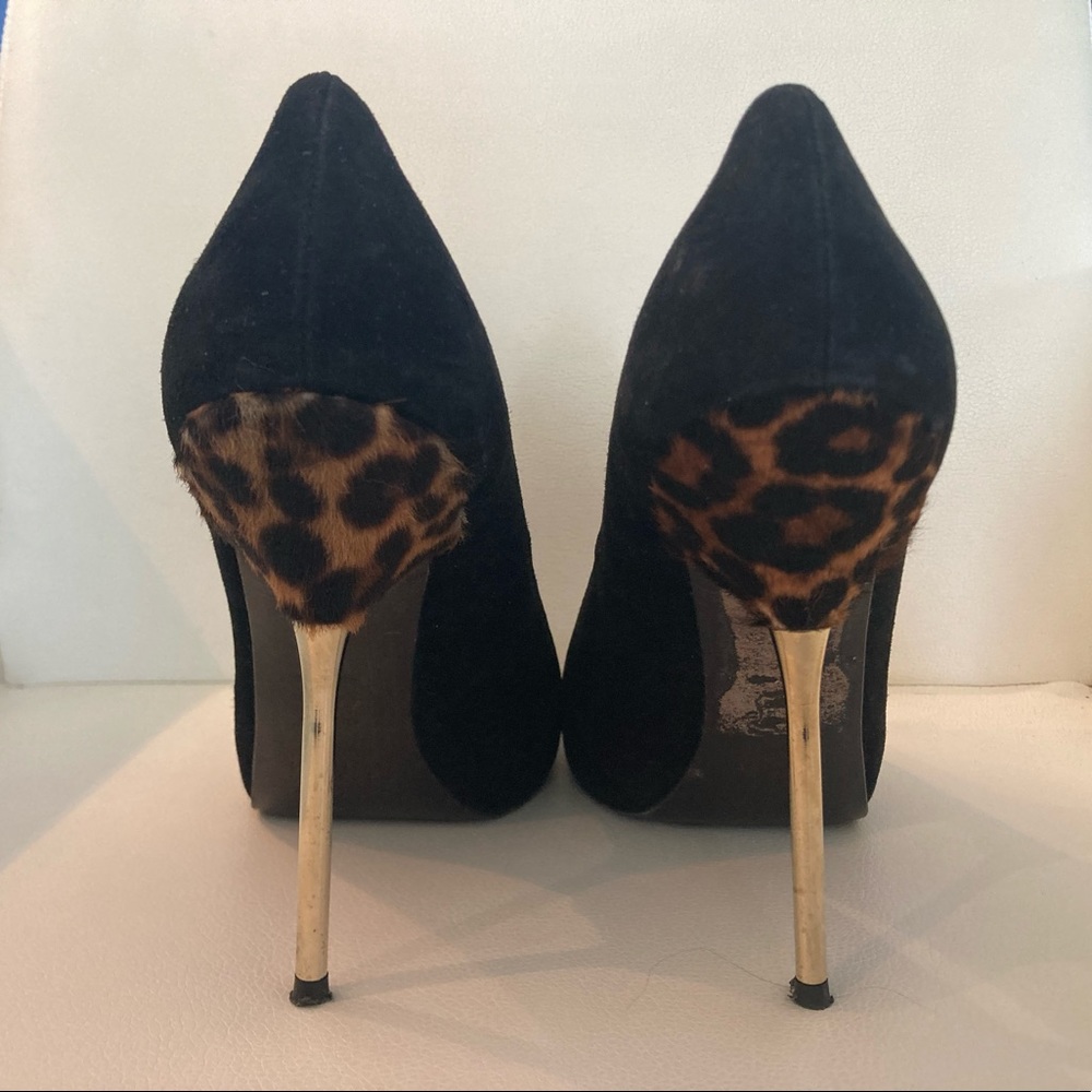 Stuart Weitzman black suede pimp with leopard accent and spike heel